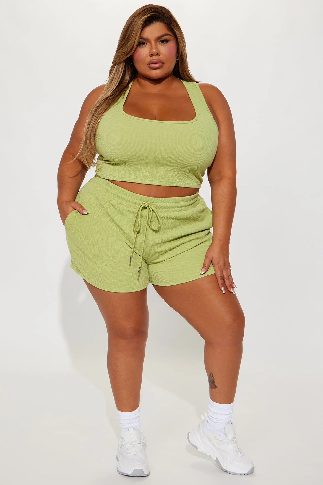 All The Feels Ribbed Short Set - Chartreuse