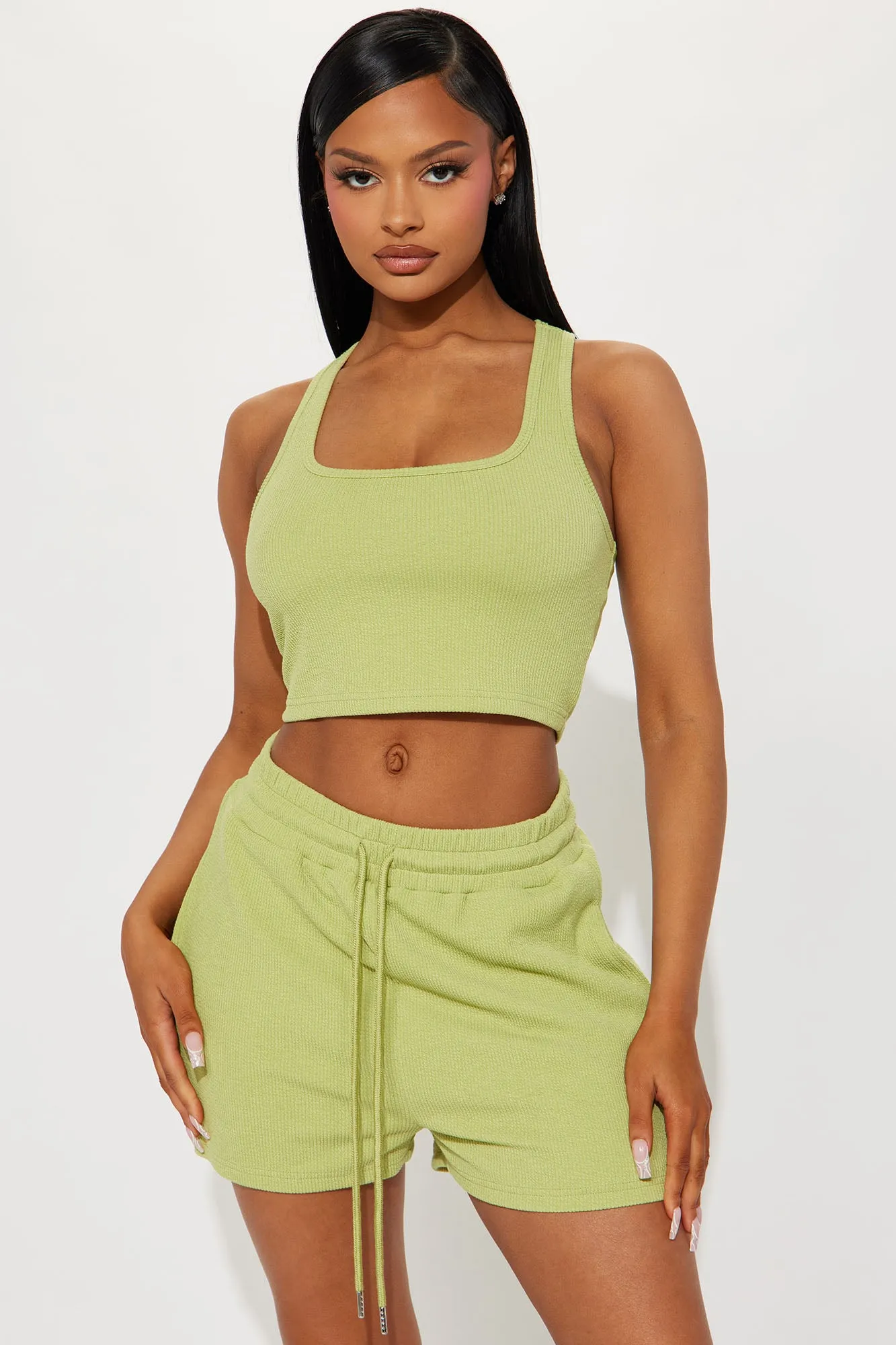 All The Feels Ribbed Short Set - Chartreuse
