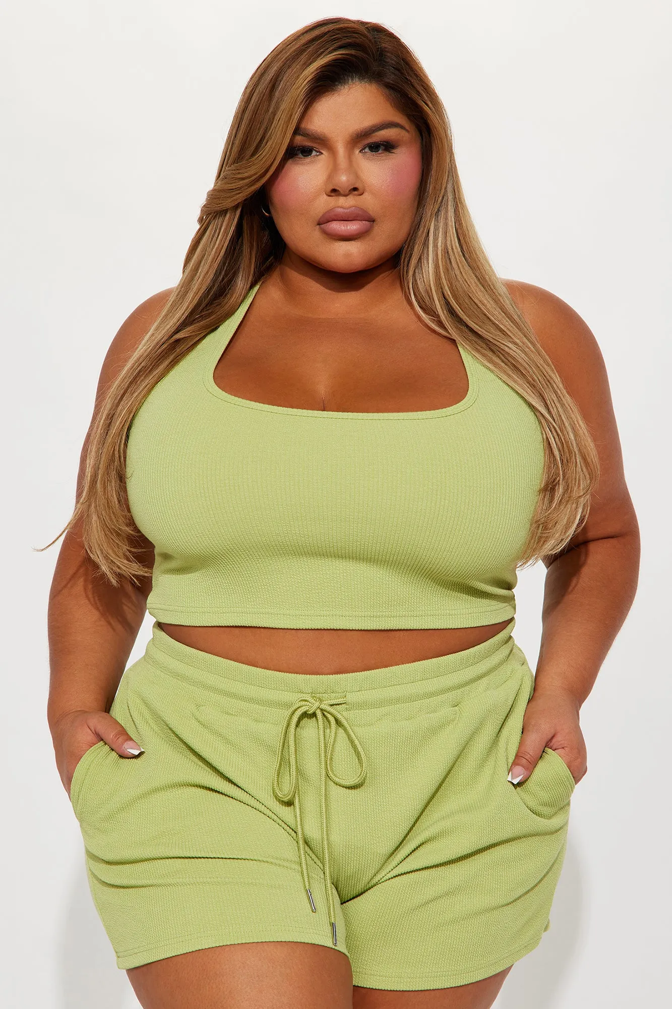 All The Feels Ribbed Short Set - Chartreuse