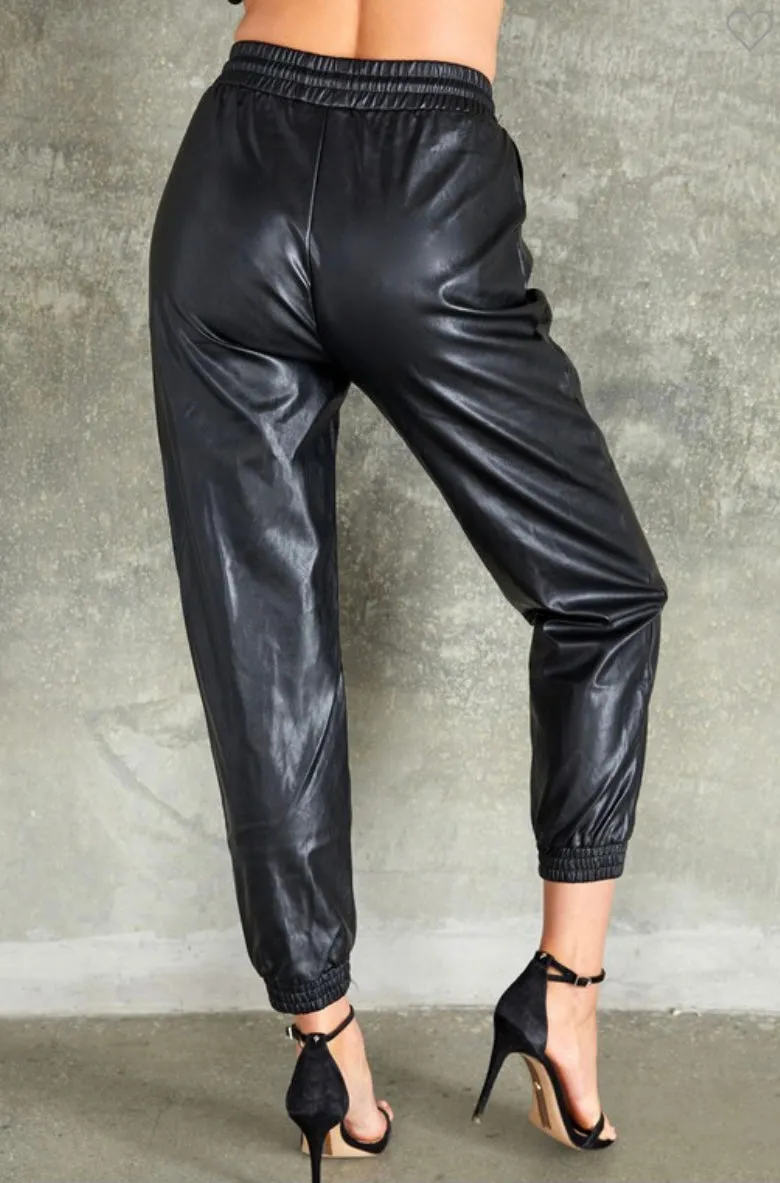 Cuffed Faux Leather Jogger - Black