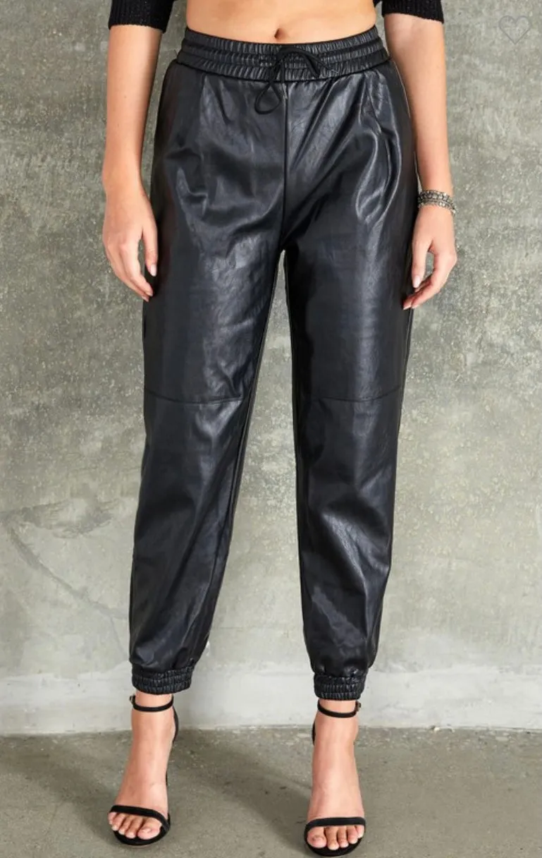Cuffed Faux Leather Jogger - Black