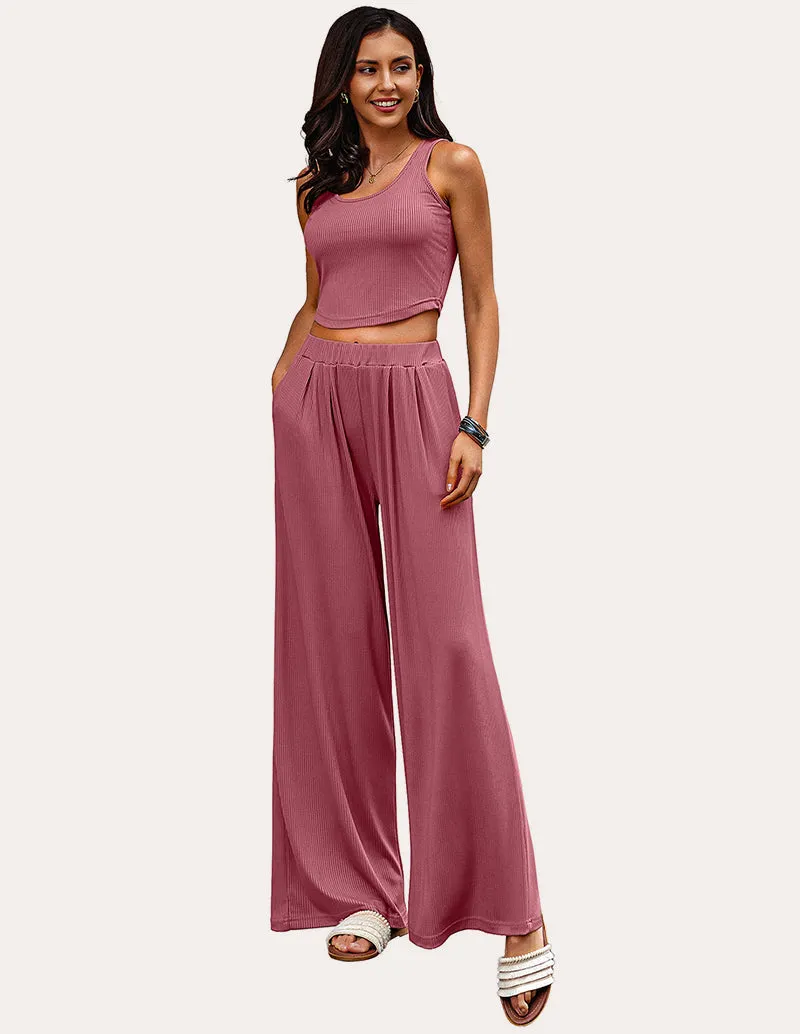 Ekouaer Lounge Ribbed Crop Top Pajama Sets (US Only)
