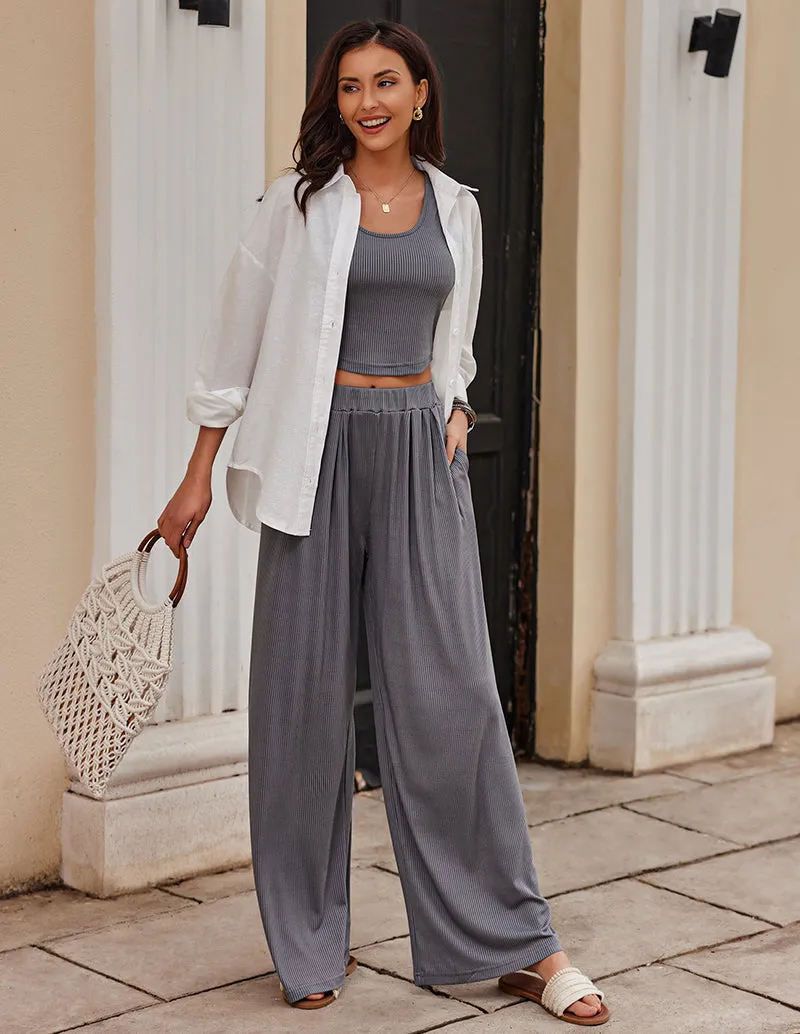 Ekouaer Lounge Ribbed Crop Top Pajama Sets (US Only)