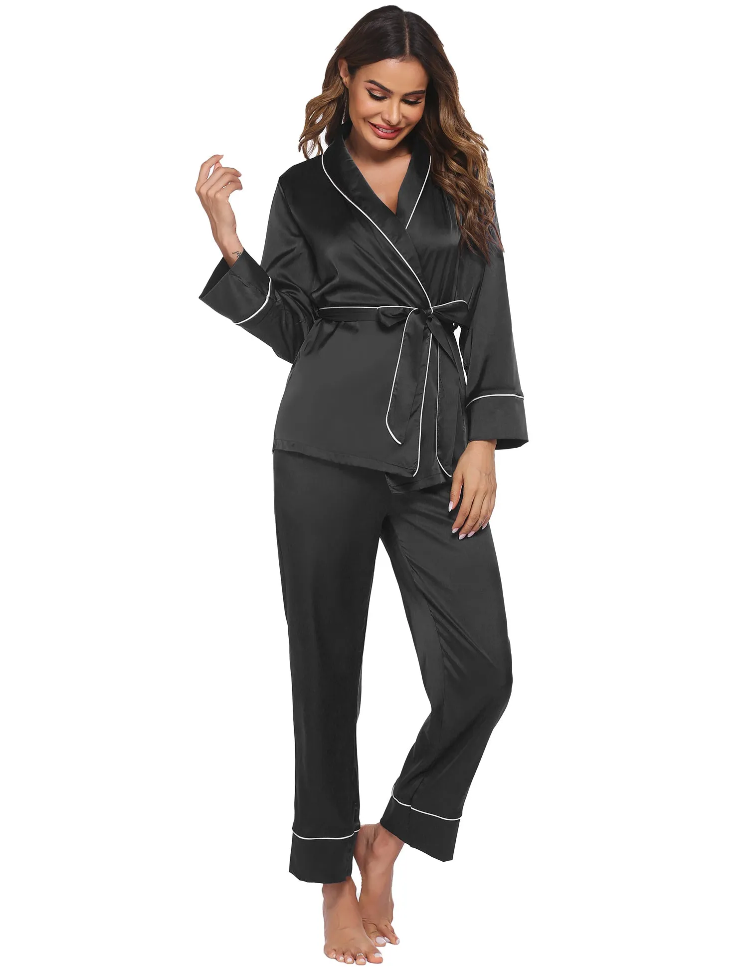 Ekouaer Satin Long Sleeve Pajamas Set (US Only)