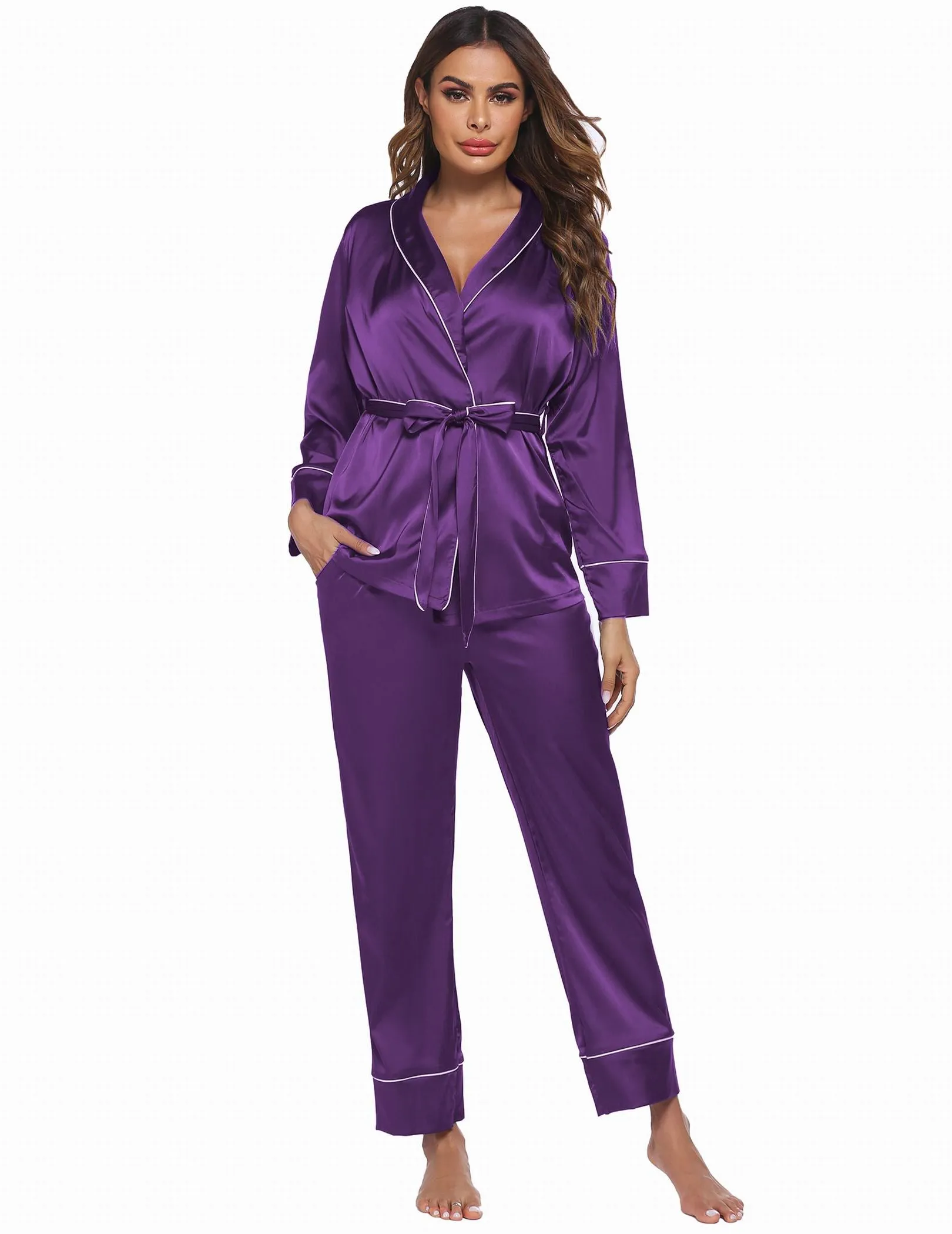 Ekouaer Satin Long Sleeve Pajamas Set (US Only)