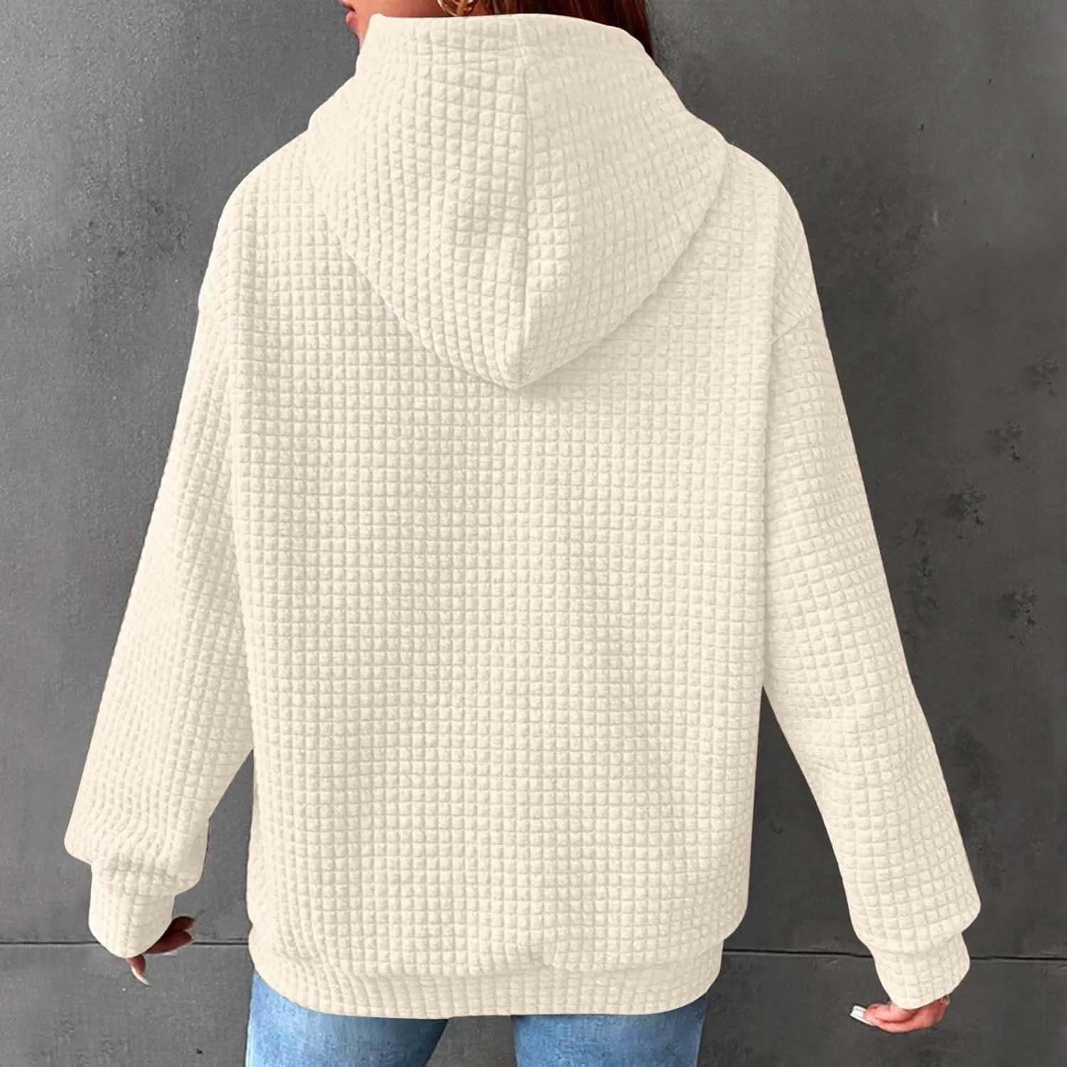 Hoodies for Women Casual Pullover Waffle Long Sleeve Crew Neck Trendy Drawstring Hooded Sweatshirts with Pocket