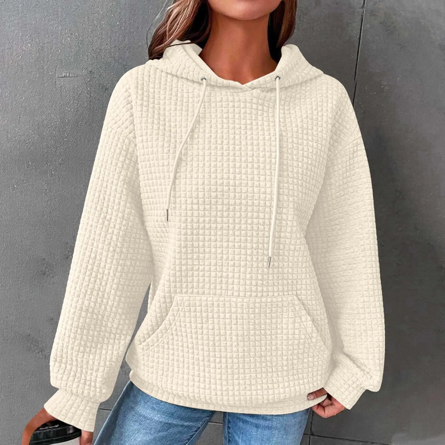 Hoodies for Women Casual Pullover Waffle Long Sleeve Crew Neck Trendy Drawstring Hooded Sweatshirts with Pocket