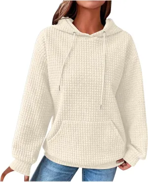Hoodies for Women Casual Pullover Waffle Long Sleeve Crew Neck Trendy Drawstring Hooded Sweatshirts with Pocket