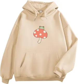 KEEVICI Women Cute Frog Sweatshirt Kawaii Mushroom Hoodie for Teen Girls Aesthetic Cottagecore Clothes Feminino Hoodies