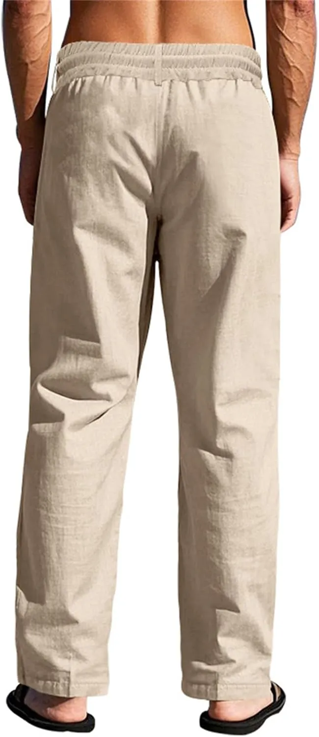 Men's Casual Linen Pants Relaxed Drawstring Thin Trousers Breathable Open Bottom Pants Stylish Simple Baggy Trousers