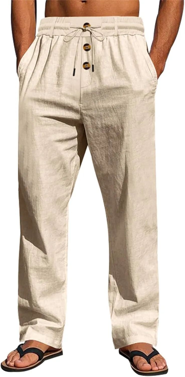 Men's Casual Linen Pants Relaxed Drawstring Thin Trousers Breathable Open Bottom Pants Stylish Simple Baggy Trousers