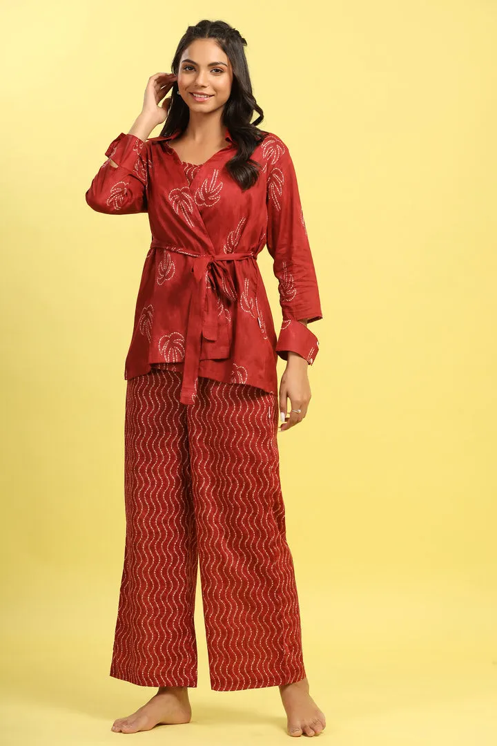 Palm with Spiral Shibori on Maroon Cotton Three Piece Set