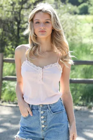 Peach Pink Ribbed Sleeveless Lace Hem V-Neck Basic Top /1-2-2-1
