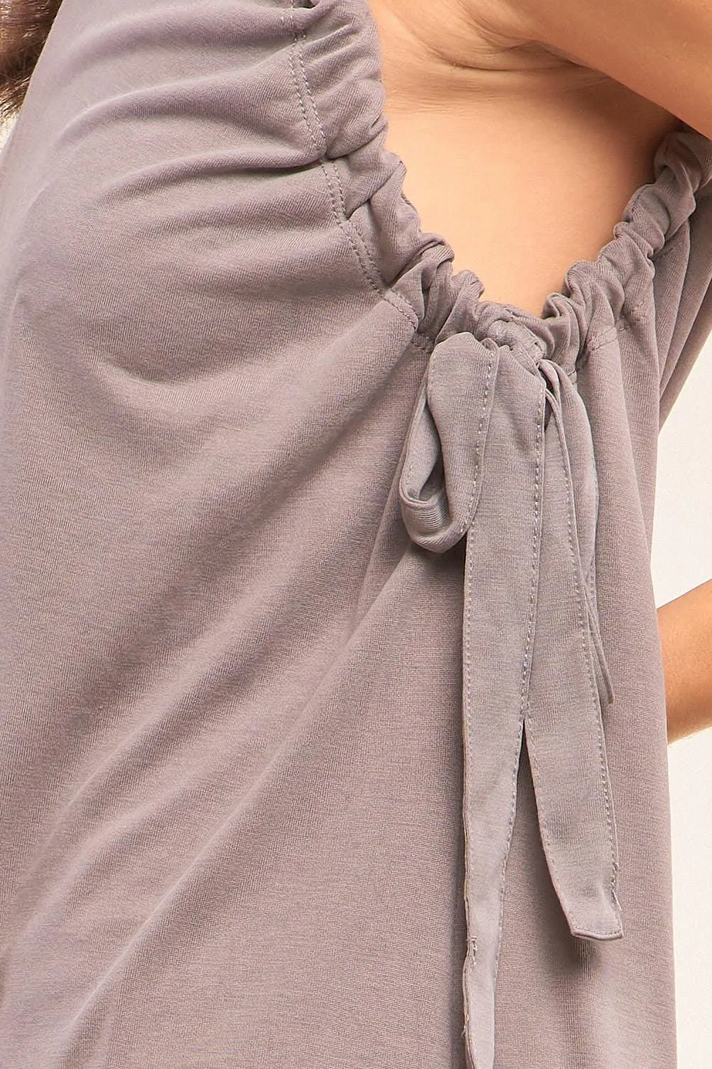 Stone Drawstring Crew Neck Relaxed Fit Tunic Top