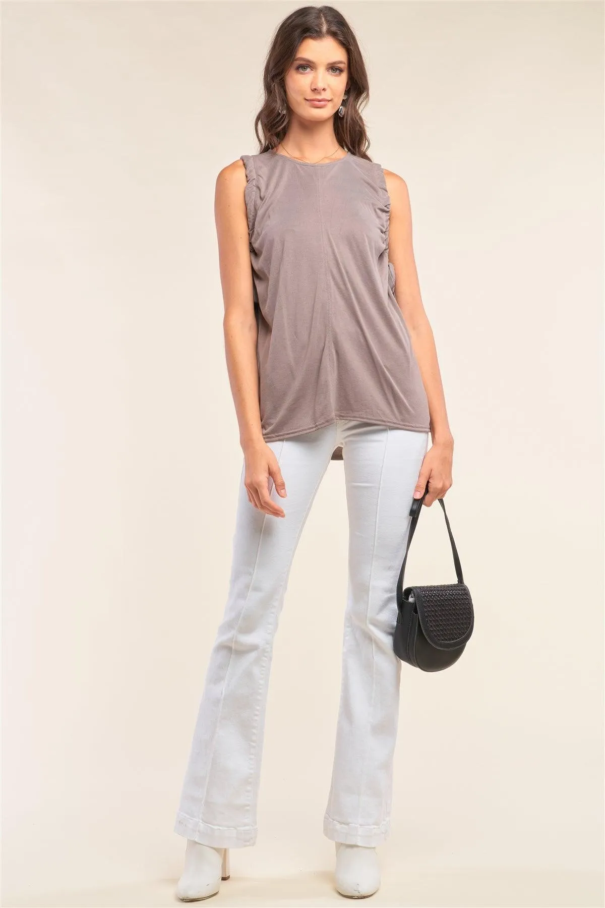 Stone Drawstring Crew Neck Relaxed Fit Tunic Top