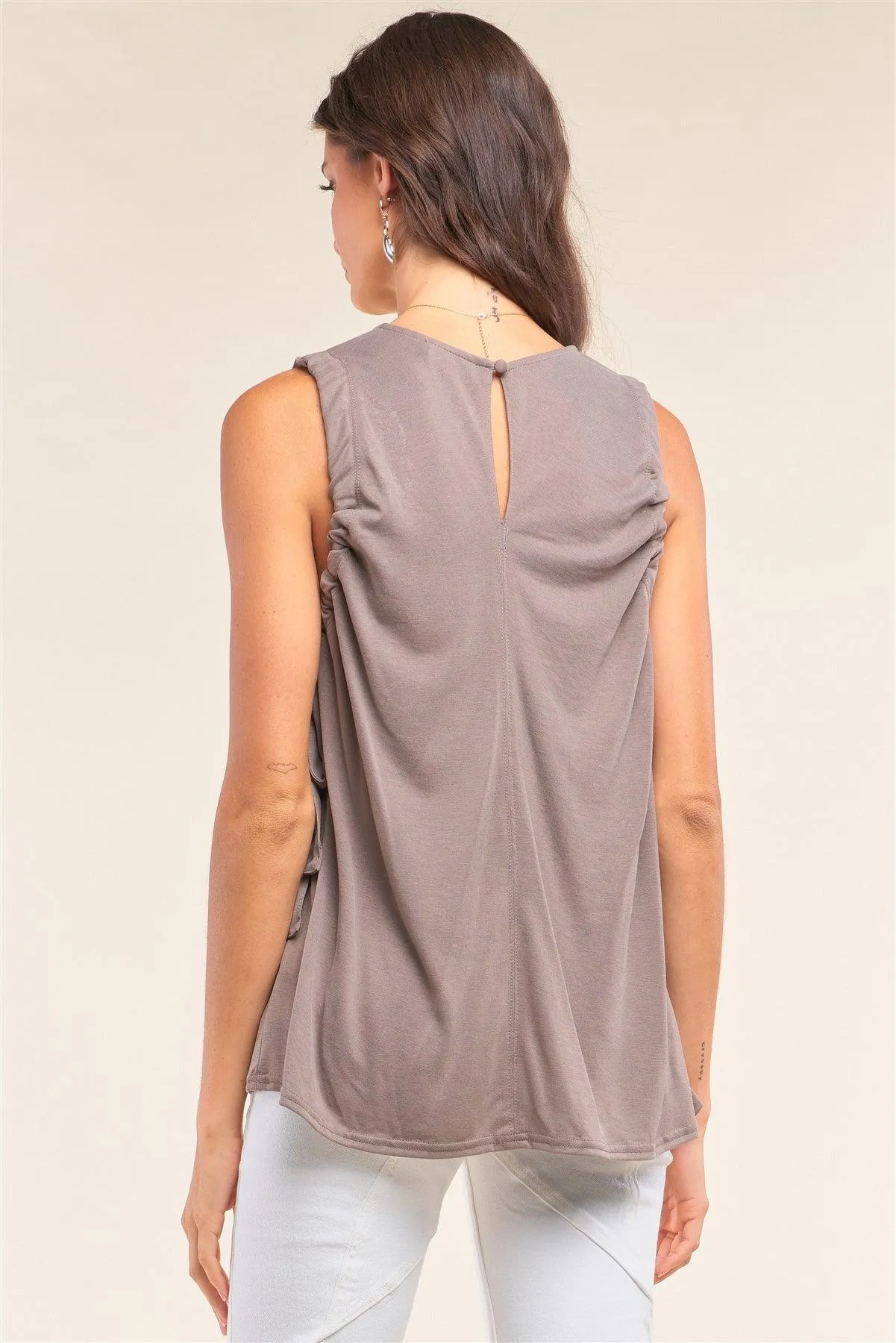 Stone Drawstring Crew Neck Relaxed Fit Tunic Top