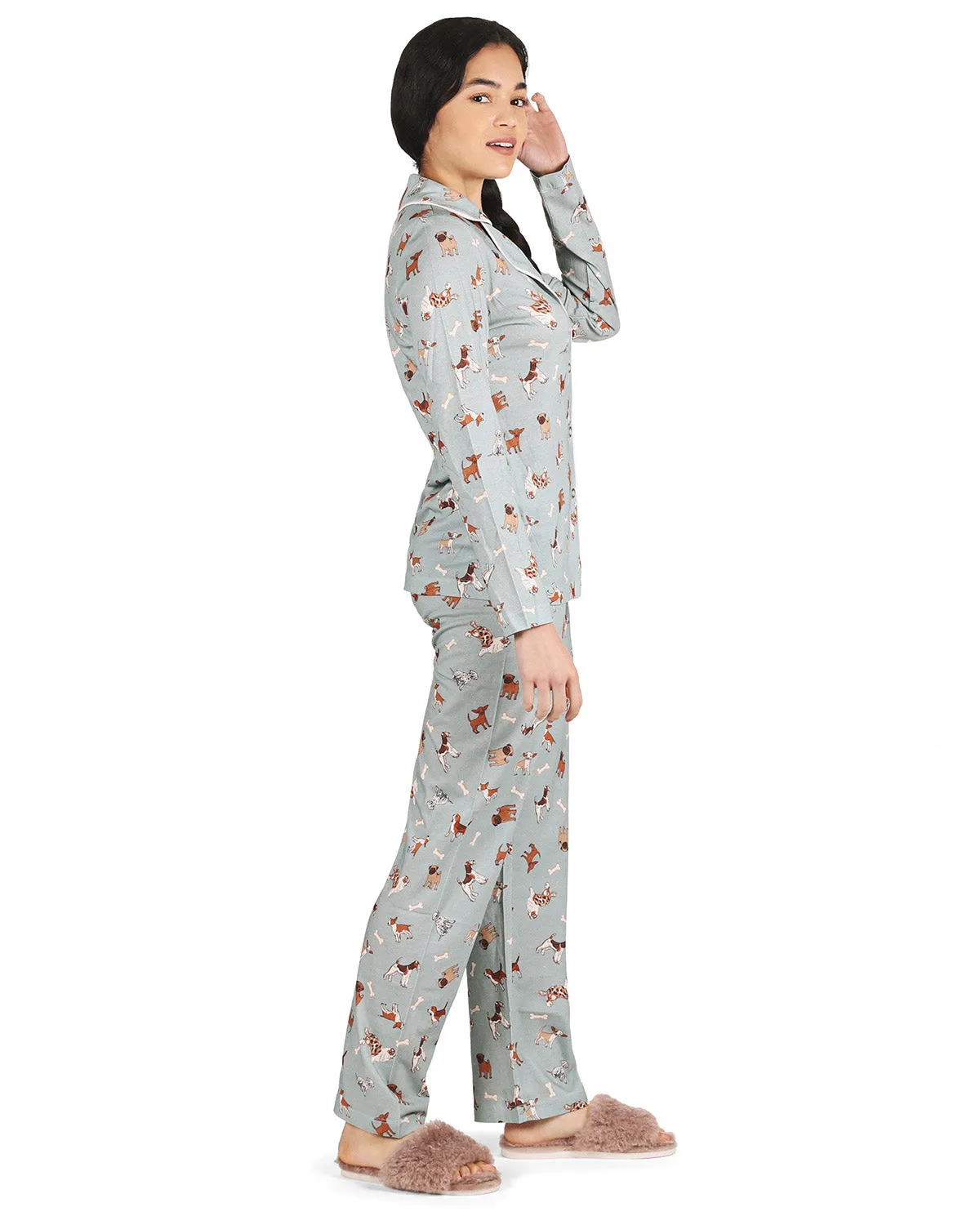 Women's Dog and Bone Notch Collar Cotton Blend Pant Pajama Set