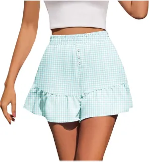 Womens Plaid Shorts Summer Button High Waisted Ruffle Hem Skorts Short Pants Casual Trendy Loose Fit Vacation Shorts