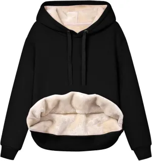 Womens Winter Warm Fleece Sherpa Lined Casual Drawstring Cotton Hooded Sweatshirts Thick Pullover with Pocket